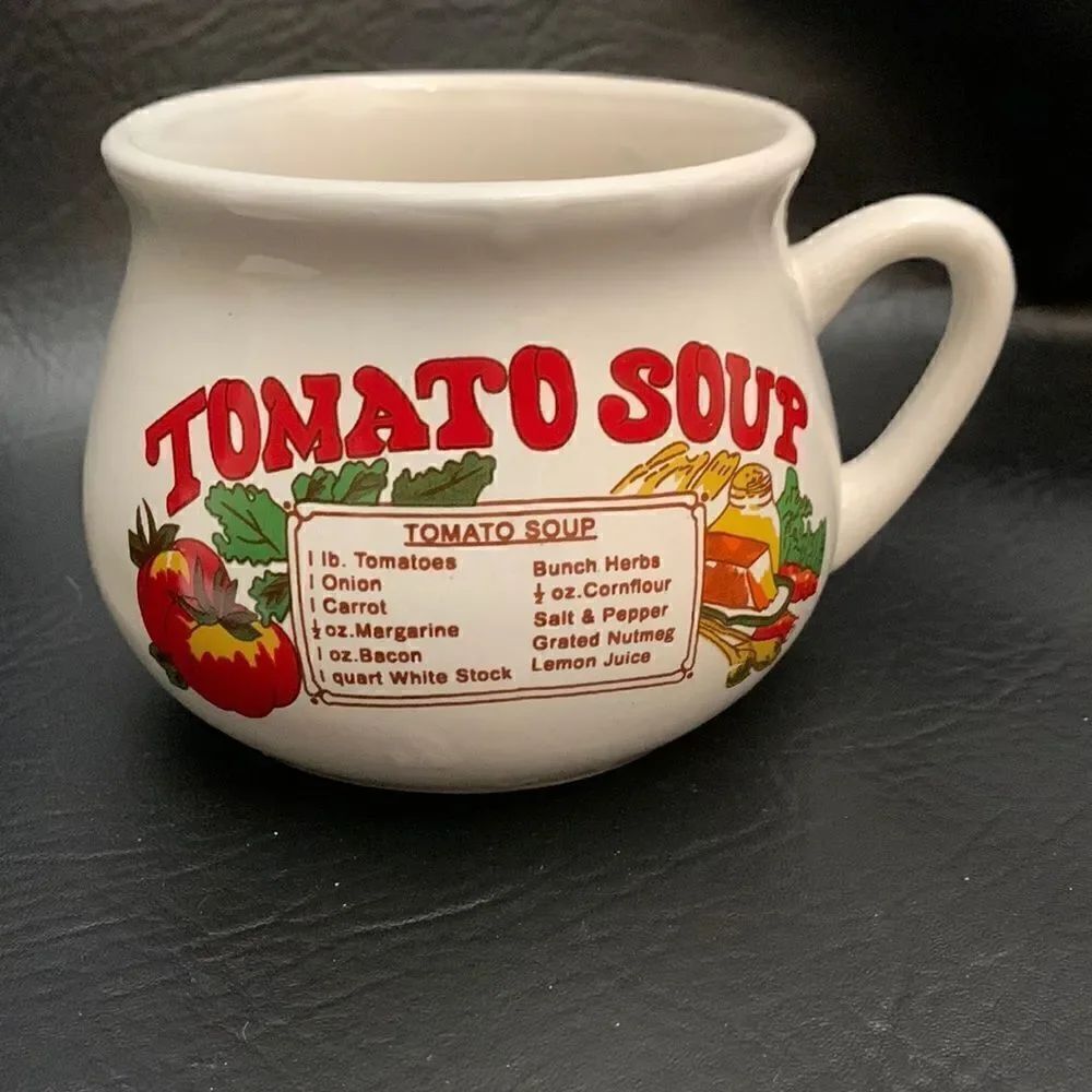 Tomato Soup Recipe Red White Ceramic Mug Soup Cup 16 Ounces Bacon Onion Tomatoes